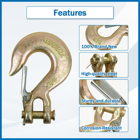 Close-up of 2 Pack 3/8 Inch Clevis Grab Hooks G70 Steel Chain Slip Hook with Safety Latch for towing and rigging.