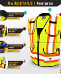 Features of High Visibility Safety Vest With Cushioned Collar And Reflective Trim Class 2 ANSI OSHA 9 Pockets For Tools And Tablets