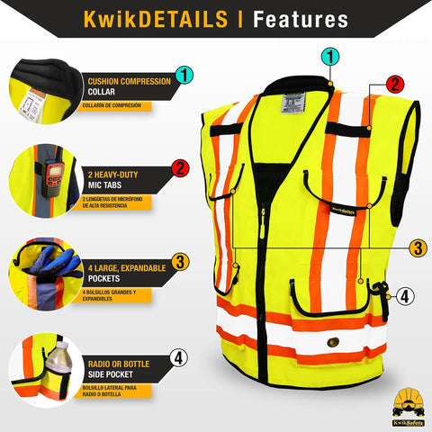 Godfather High Visibility Safety Vest 2 Pack With Cushioned Collar Class 2 ANSI OSHA Reflective Mesh Zip Front 9 Pockets Heavy Duty Surveyor Vest For Men Yellow Medium detail view