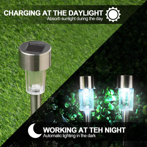 Charging view of 30 Pack Solar Pathway Lights Outdoor LED Landscape Lighting Waterproof Stainless Steel Garden Lights