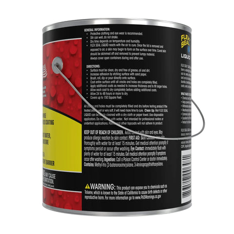 Side view of 1-Gallon Liquid Rubber Sealant Coating can with product instructions and warning labels visible.