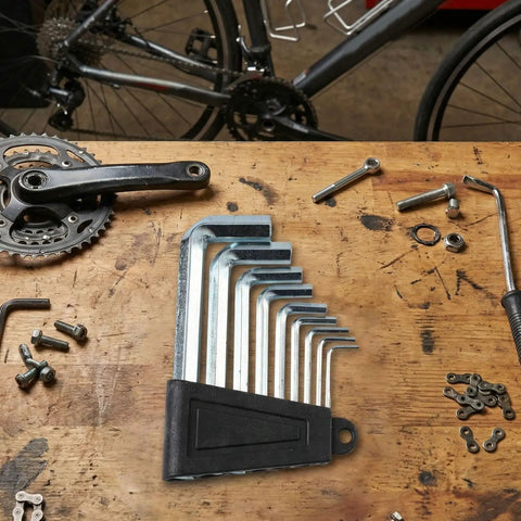 Rock Solid 9-Piece Ball Head Hex Wrench Set For Home Repairs Heavy Duty High Carbon Steel L-Shaped Allen Key Kit Tough Tools That Never Fail, 9-piece Allen key set on bike repair bench