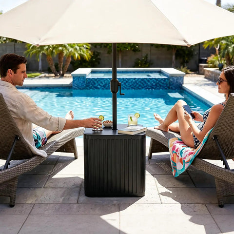 Outdoor Umbrella Side Table With Hole 2 In 1 Square Patio Table For Poolside And Deck Includes 15.9 Gallon Fillable Base Fits Up To 1.5 Inch Pole Matte Black Space Saving Durable And Easy To Set Up by poolside