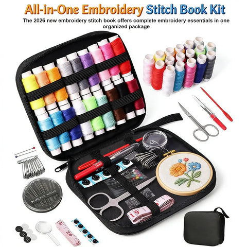Open Upgraded Embroidery Stitch Book Kit displaying full tools, 106 pattern library for beginners, with colorful threads and accessories.
