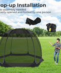 Effortless Pop Up House Tent With Outdoor Screen Room in a park, showing quick setup and no assembly needed, black 10x10 feet
