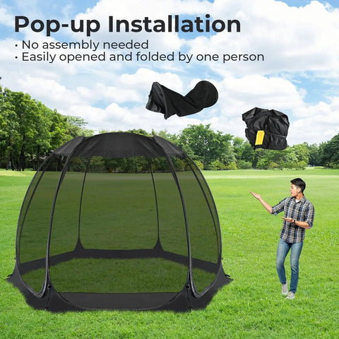 Effortless Pop Up House Tent With Outdoor Screen Room in a park, showing quick setup and no assembly needed, black 10x10 feet