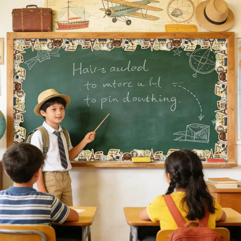 Classroom with Vintage Travel Bulletin Board Border Roll With World Map Adventure Motifs, children at chalkboard lesson.