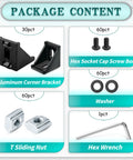 Package contents of 2020 Series Aluminum Extrusion Profile Connector Kit For 20mm Rails showing 30 corner brackets, T nuts, bolts, washers, wrench.