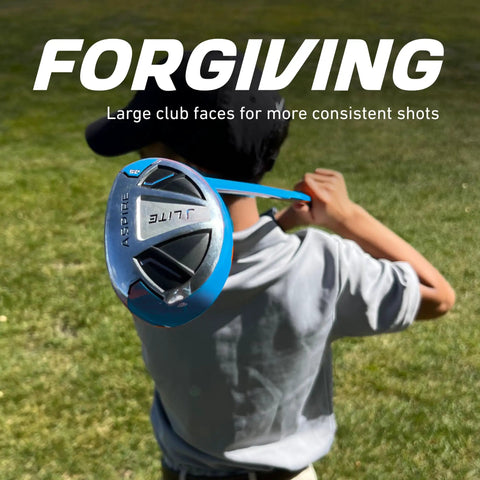 Child holding X-Lite Junior Golf Club Set For Kids Right Handed With Driver Hybrid 7 Iron Putter Stand Bag And Headcovers in blue.