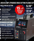 Apex LTP5600CD Plasma Cutter with Built In Air showing control panel and branding on side, 56 amp, clean and sever cut specs.