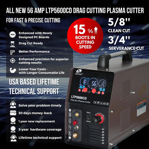 Apex LTP5600CD Plasma Cutter with Built In Air showing control panel and branding on side, 56 amp, clean and sever cut specs.
