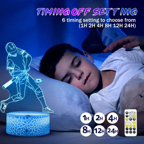 Child sleeping beside Baseball 3D Illusion Night Light With Remote Timer 7 Color Changing LED Baseball Lamp For Boys Room Sports Decor Gift For Baseball Fans Teens Kids Realistic Night Light That's Totally Lit, showing timer options and remote control.