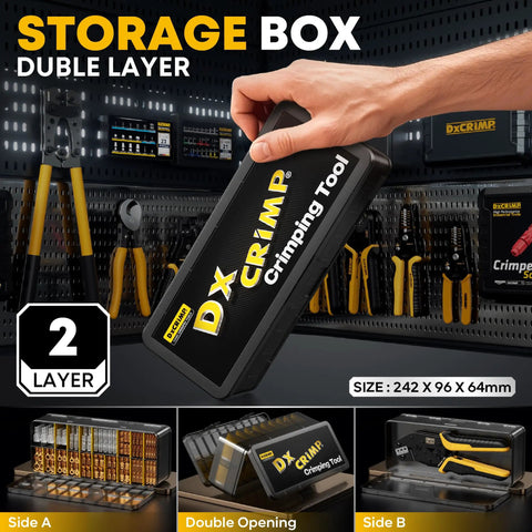 Crimping Tool Kit With 14 Type Open Spade And Quick Disconnect Connector Set 2.8 3.9 4.8 6.3mm storage case in hand.