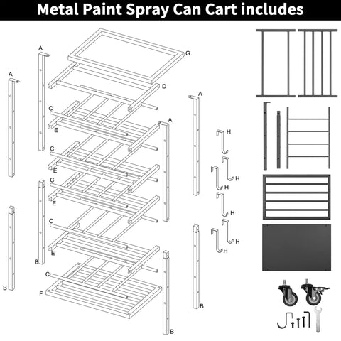 Diagram of assembly parts for 50 Can Metal Paint Spray Cart With Wheel Holder And Top Tray Double Sided Storage Base And 6 Hooks