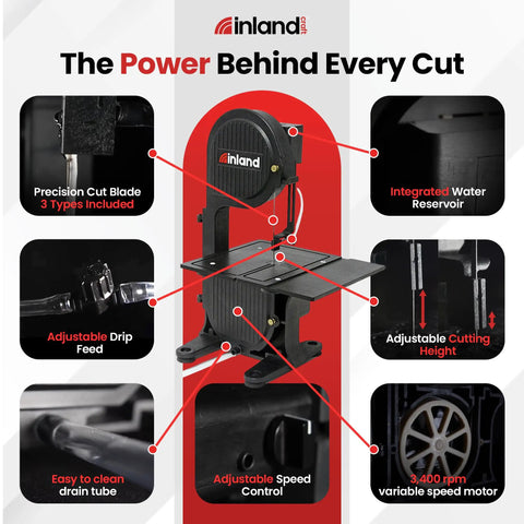 Diagram of Stained Glass Band Table Cutter Kit Pro Grade With Diamond Blade Band, highlighting features like precision cut blade and adjustable speed