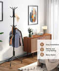 Freestanding Coat Rack With Twelve Hooks, Standing Coat Tree And Hat Hanger, Metal Jacket Organizer For Entryway Or Mudroom, Black Finish, 71.5 Inches Tall