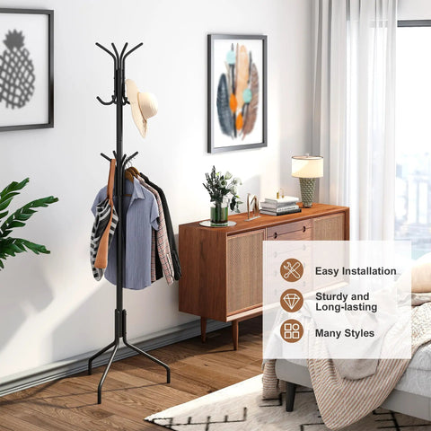 Freestanding Coat Rack With Twelve Hooks, Standing Coat Tree And Hat Hanger, Metal Jacket Organizer For Entryway Or Mudroom, Black Finish, 71.5 Inches Tall