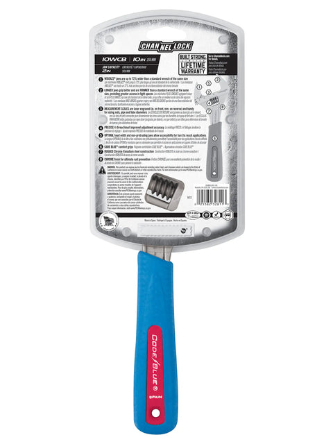 Back of Wide Jaw Adjustable Wrench 10WCB WideAzz Code Blue packaging showing handle details and instructions