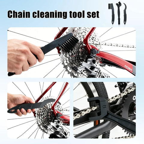 Chain cleaning tool set demonstrating use on bike gears, part of All In One Bike Cleaning Kit With Chain Degreaser, Chain Scrubber.