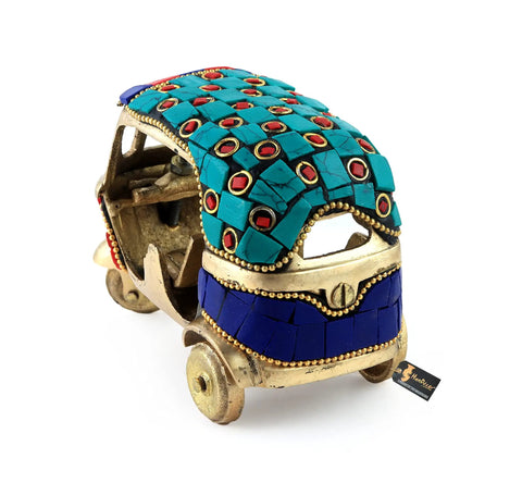 Dope Vintage Brass Auto Rickshaw Miniature Showpiece For Living Room Decor Tabletop Accent with colorful stones, 4.5 x 2.4 x 3 in.