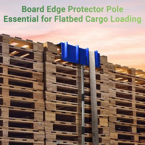 8 Foot Edge Protector Extension Handle For V Shaped Edge Corner Guards And Flatbed Edge Protectors Detachable Spiral Rod Handle Only For No Climb Needed Safe Cargo Loading And Easy Install shown in use on stacked wood pallets.