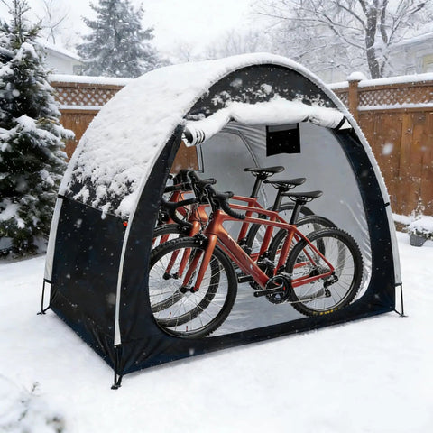 6.6Ft Waterproof Bike Storage Shed Tent For 2 Bikes, No Fuss Easy Setup Outdoor Portable Bicycle Shelter With Window, 210D Oxford Fabric, PU4000 Weatherproof, Black, holding two bikes in snowy backyard.