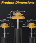 Image showing dimensions of the Pro Grade 3 Piece Lock Miter Router Bit Set with three router bits for precise woodworking.