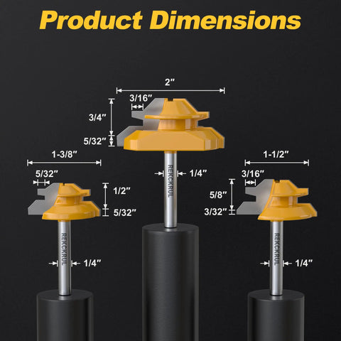 Image showing dimensions of the Pro Grade 3 Piece Lock Miter Router Bit Set with three router bits for precise woodworking.