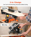 Two-In-One Miter And Table Saw With 8-1/4 Inch Blade, Precision Laser Alignment cutting wood and creating sawdust