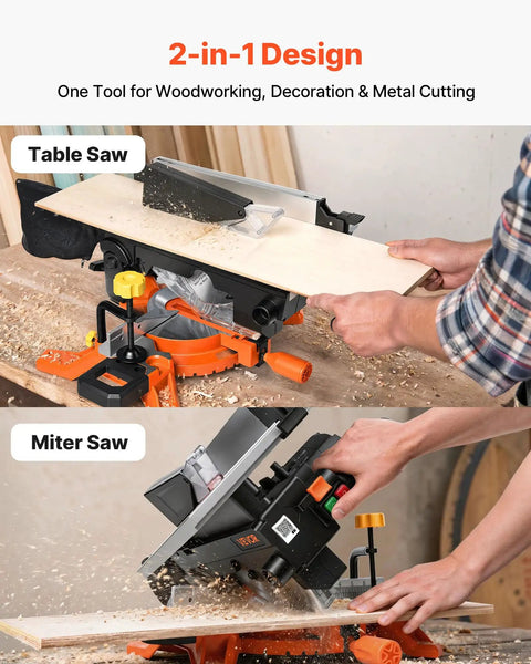Two-In-One Miter And Table Saw With 8-1/4 Inch Blade, Precision Laser Alignment cutting wood and creating sawdust