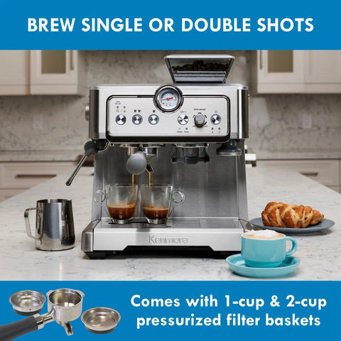 Kickstart Your Daily Grind With This Automatic Espresso Machine Featuring A Built In Bean Grinder Milk Frother And Hassle Free Auto Cleanup For Top Shelf Barista Style Lattes Right At Home Today with espresso shots brewing.