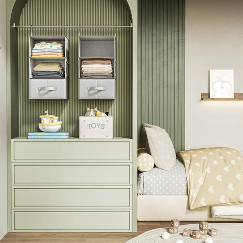 6 Shelf Hanging Closet Organizer With 3 Removable Fabric Drawers Space Saving Wardrobe Shelves in nursery setting