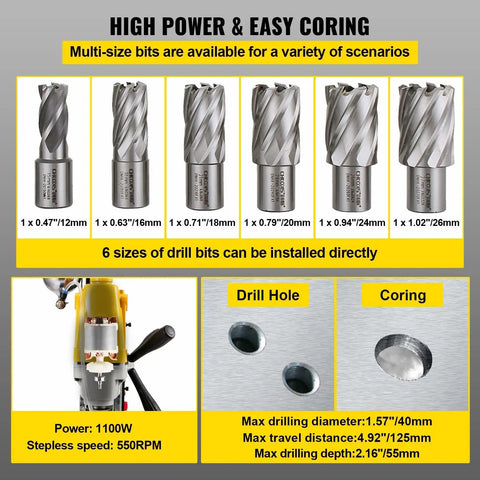 Heavy Duty 1100W Magnetic Drill Press With Six Piece Bit Set For Steel Structure Engineering Portable Electric Tapping Machine 550Rpm Max 40Mm Core Drilling Rig Bench Top Power Tool drill bit set with six sizes for various coring tasks.