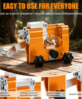 Manual Chain Saw Sharpener Kit With Hand Crank Portable Sharpener for household chainsaw chains, orange, on wooden surface.
