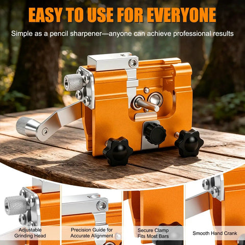 Manual Chain Saw Sharpener Kit With Hand Crank Portable Sharpener for household chainsaw chains, orange, on wooden surface.