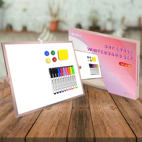 Rose Gold Magnetic Desktop Dry Erase Whiteboard Double Sided With Stand 16 By 12 Inches Portable Whiteboard Easel with accessories