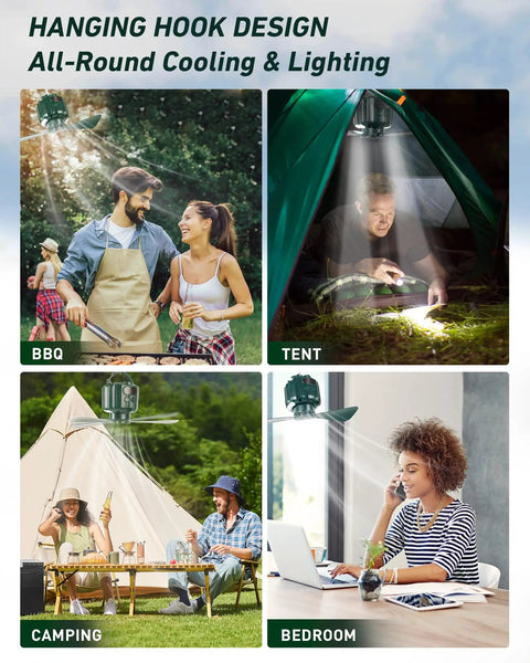 People using Three In One Portable Ceiling Fan And Camp Lantern With Hanging Hook Remote And USB Power Bank in various scenarios like camping and at home.