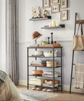 Solid Multi Tier Shoe Rack Storage Organizer Holds Twelve To Sixteen Pairs With Reinforced Steel Frame And Durable Fabric Shelves in rustic brown finish.