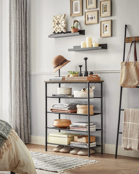 Solid Multi Tier Shoe Rack Storage Organizer Holds Twelve To Sixteen Pairs With Reinforced Steel Frame And Durable Fabric Shelves in rustic brown finish.