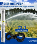 Deep Well Submersible Pump 3HP 230V Heavy Duty 4-Inch Stainless Steel 37 GPM Flow 640 Ft Head Includes 33 Ft Cord IP68 Waterproof Grade For Industrial Irrigation And Home Use with electric cord on field background.