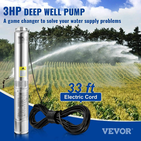 Deep Well Submersible Pump 3HP 230V Heavy Duty 4-Inch Stainless Steel 37 GPM Flow 640 Ft Head Includes 33 Ft Cord IP68 Waterproof Grade For Industrial Irrigation And Home Use with electric cord on field background.