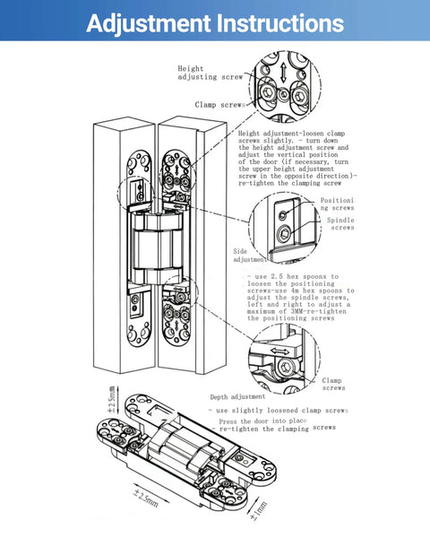 Adjustment instructions for Heavy Duty Invisible Door Hinges Two Pack detailing height, side, and depth adjustments.
