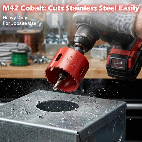 Badass 18 Piece Cobalt Bi Metal Hole Saw Kit That Slices Through Wood Plastic Drywall And Hardened Steel Like Butter Featuring High Concentric Precision Bits Ranging From Three Quarters To Two Point Five Inches cutting stainless steel with a cobalt hole saw in action.