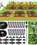 240Ft Drip Irrigation Kit With Quick Connect Plug And Play for Greenhouse Garden Yard illustrating components and setup