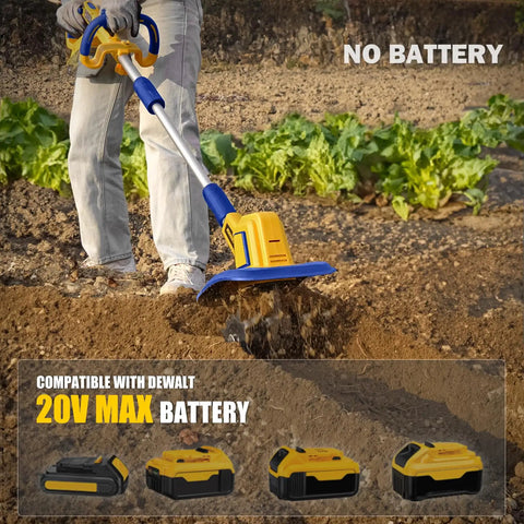 Cordless Garden Tiller Cultivator Powered By 20V Max Battery, 360 RPM Performance, shown in use on soil with no battery.