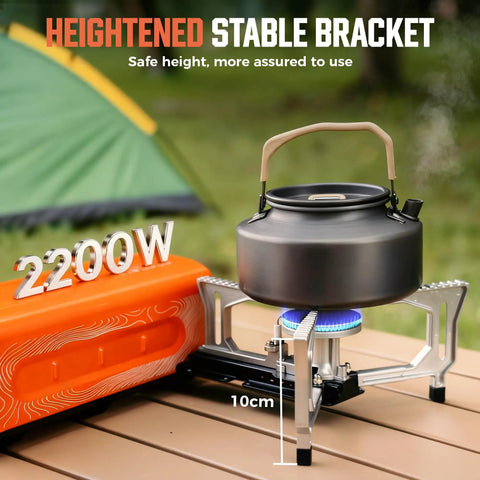All In One Compact Portable Butane Camping Stove With Foldable Bucket Style Design And Included Carry Bag For Camping Outdoor Cooking And Emergency Use Orange Color Great For Backpacking Picnics with kettle on stable bracket.