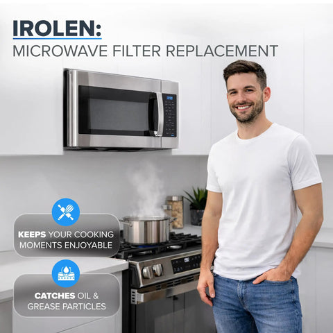 Man standing by stove with 2 Pack Microwave Grease Filter Replacement, Aluminum Hood Filter Fits Most Microwaves 13 By 6 Inches