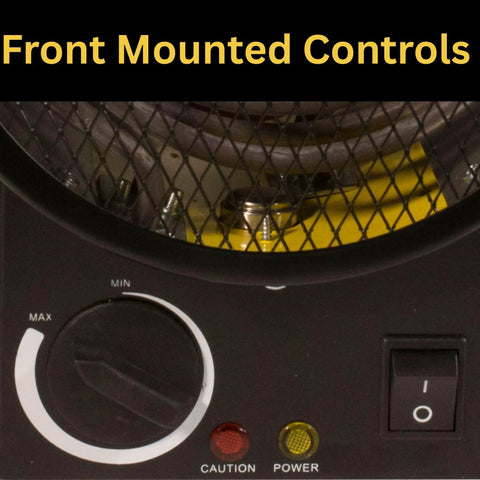 Heavy Hitter Electric Forced Air Shop Heater Blasts 5000 Watts Of Tough Warmth Straight Into Your Garage Or Jobsite Featuring Turbo Fan Dryer Setting Auto Thermostat And Overheat Shutoff Safety Tech front mounted controls with power switch and dial settings.