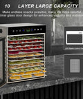 Silent Ten Tray Food Dehydrator Machine Smooth Eight Hundred Watt Electric Kitchen Appliance Adjustable Thermostat Digital Timer with colorful fruits.
