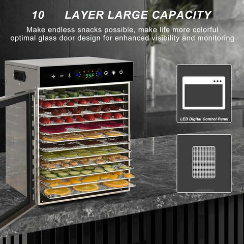 Silent Ten Tray Food Dehydrator Machine Smooth Eight Hundred Watt Electric Kitchen Appliance Adjustable Thermostat Digital Timer with colorful fruits.